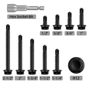 #12 X 1-1/4" Black Hex Washer Head Self Drilling Screw Flanged Hex Self Tapping Screws 410 Stainless Steel 80 PCS